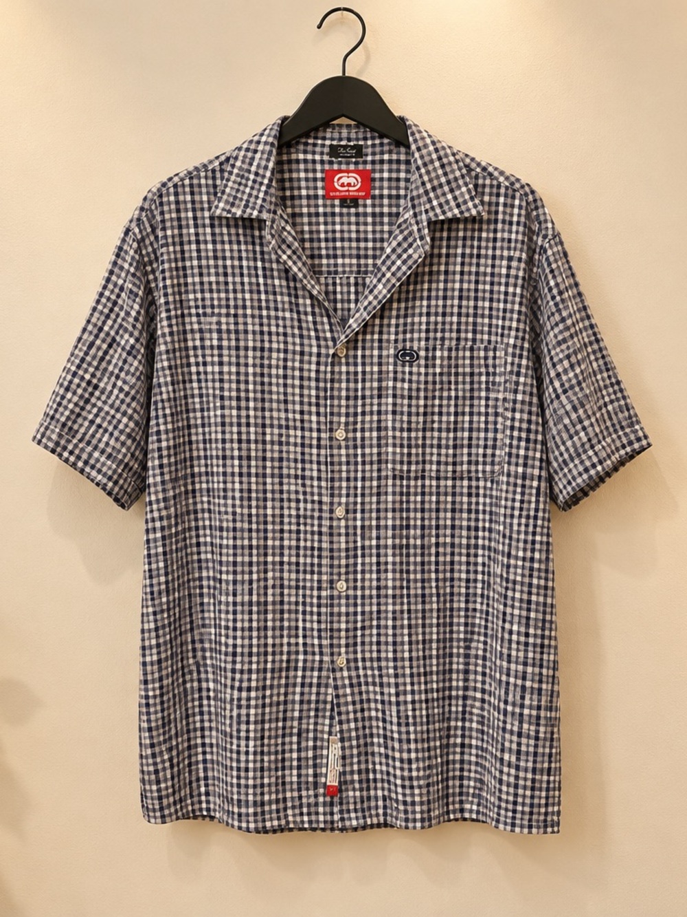Ecko Unlimited Navy and White Gingham Short-Sleeve Button-Down Shirt